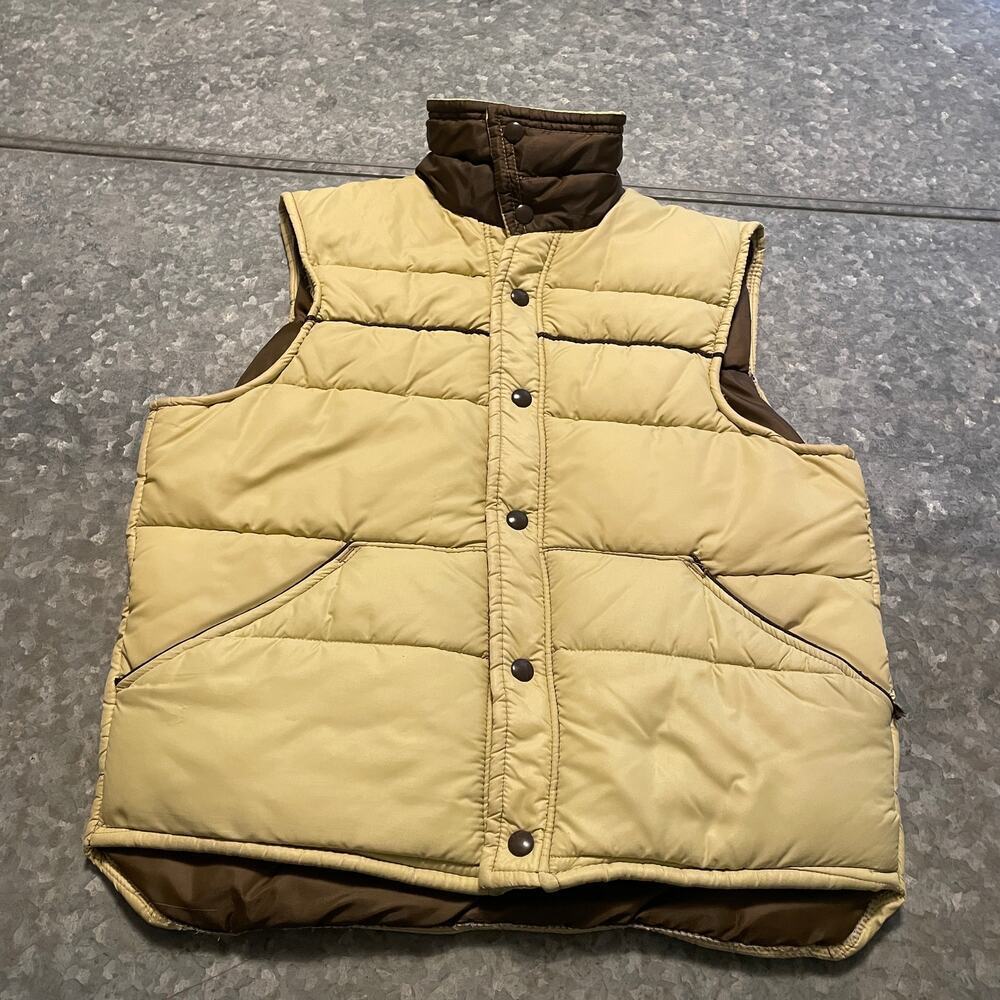 Vintage David Peyser Puffer Vest Small USA Western Tan Khaki Brown Snap Button